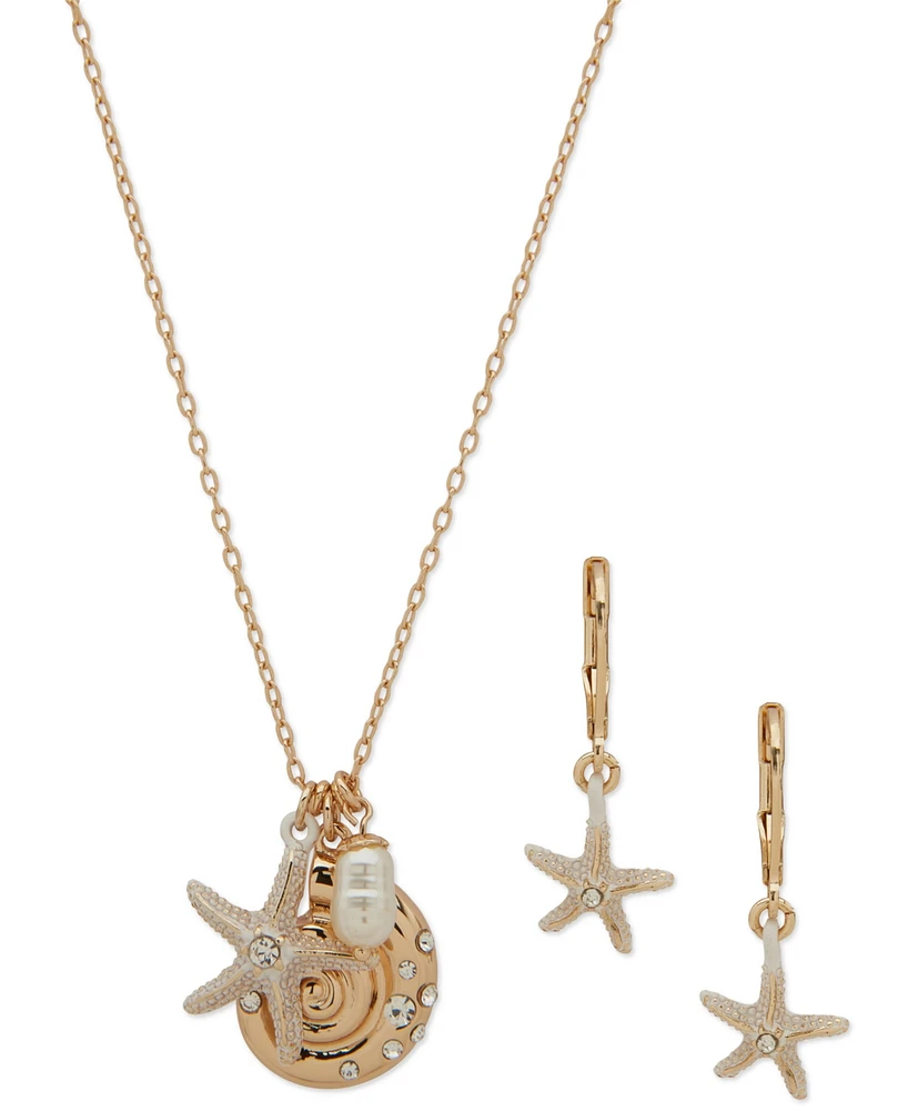Anne Klein Gold-Tone Mixed Stone Ocean Charms Pendant Necklace & Starfish Drop Earrings Set
