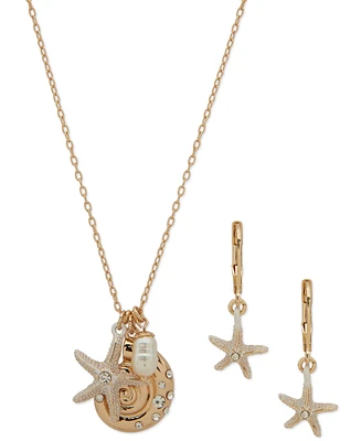 Anne Klein Gold-Tone Mixed Stone Ocean Charms Pendant Necklace & Starfish Drop Earrings Set