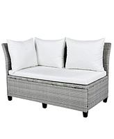 5-Piece Patio Rattan Sofa Set, L-Shape, Extendable Tables, Washable Covers, White