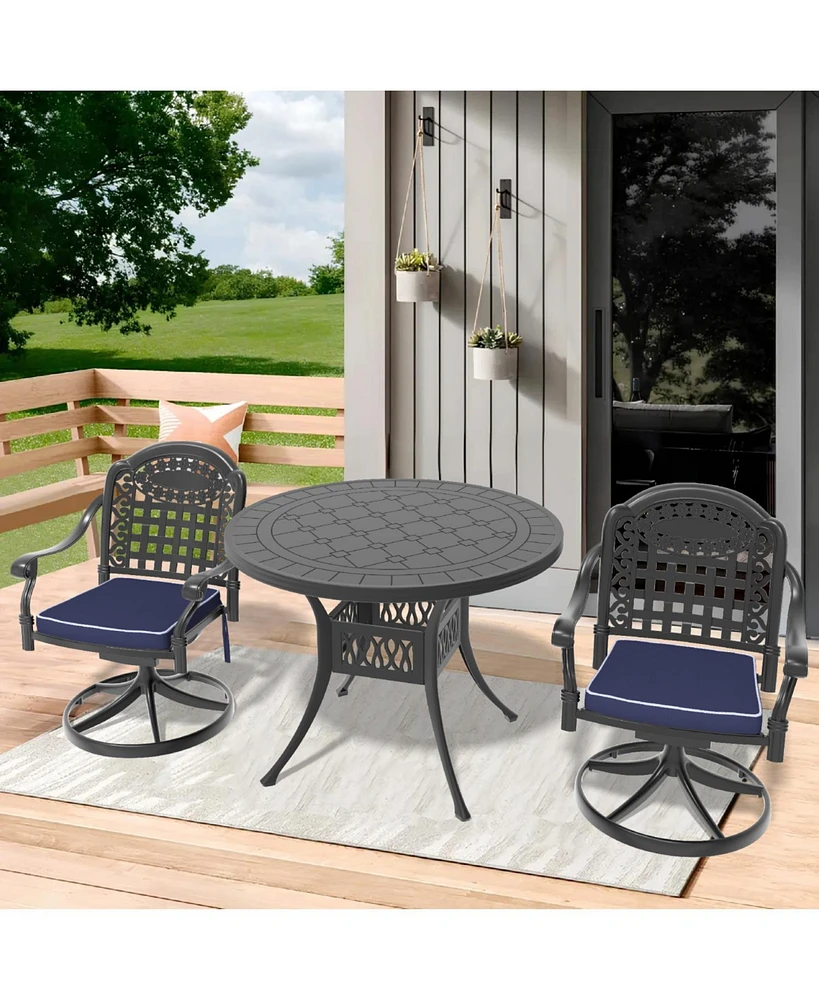 3-pc Cast Aluminum Dining Set, 2 Swivel Chairs, 39" Round Table, Black Frame