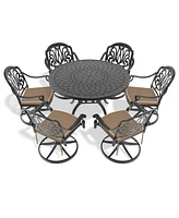 7-Pc Cast Aluminum Dining Set, 6 Swivel Chairs, 47" Round Table, Black Frame
