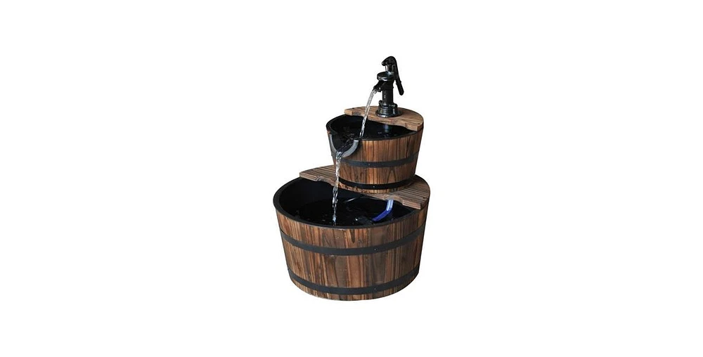 Outdoor 2-Tier Whiskey Barrel Waterfall Fountain with Electric Pump for Garden Decor