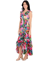 kensie Women's Printed Chiffon Ruffle-Trim Maxi Dress