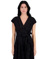 kensie Women's Embroidered Tie-Waist Midi Dress