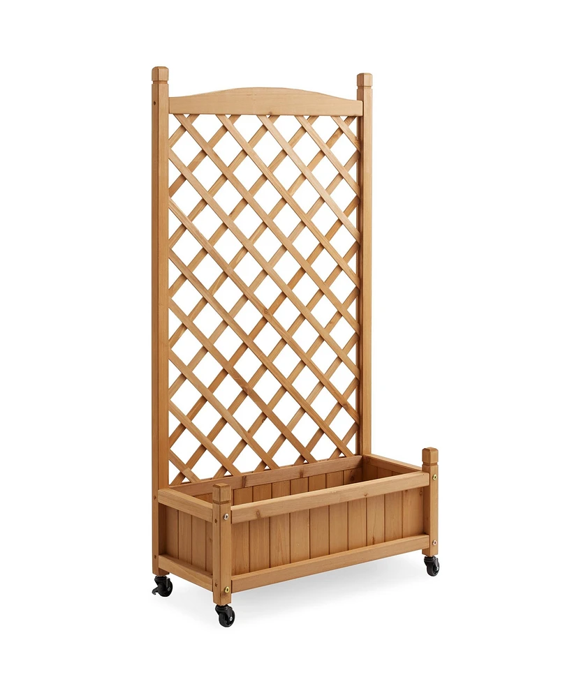 48" Raised Garden Bed with Trellis, Wooden Diamond Lattice for Climbing Plants and Planter box with Drainage Holes and Wheels