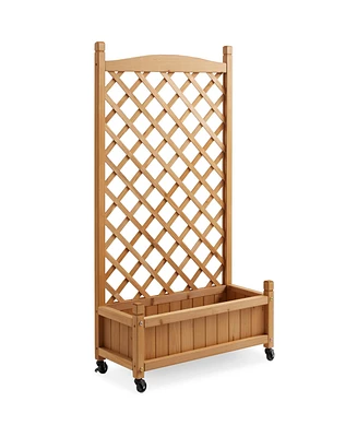 48" Raised Garden Bed with Trellis, Wooden Diamond Lattice for Climbing Plants and Planter box with Drainage Holes and Wheels