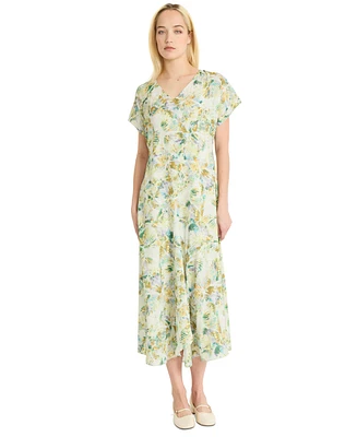 Luxely Women's Printed Raglan-Sleeve V-Neck Midi Dress
