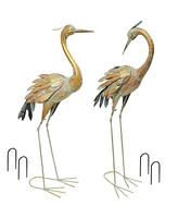 Golden Crane Metal Yard Art, Lawn and Garden Sculpture Decor- Gold with Blue Accent - Includes 2 Statues