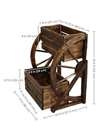 Wagon Wheel 2-Tier Rustic Wood Plant Stand - Tiered Garden Box - For Patio, Garden