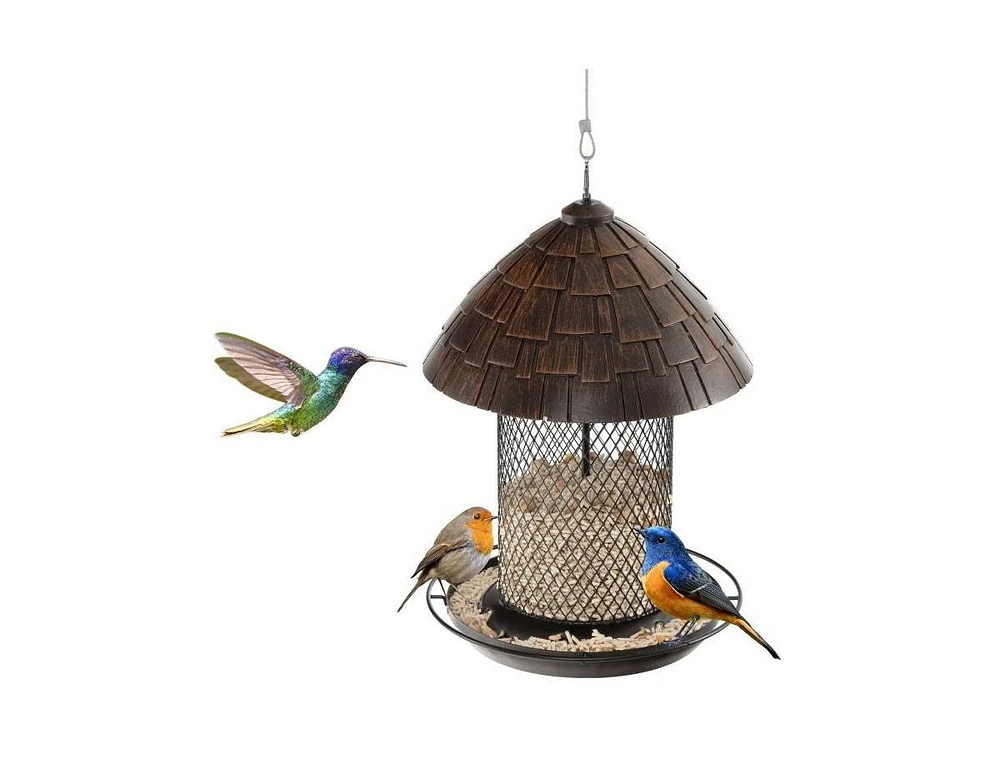 Outdoor Metal Mesh Tube Bird Feeder with Perch, Roof, and Squirrel-Resistant Design