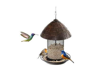 Outdoor Metal Mesh Tube Bird Feeder with Perch, Roof, and Squirrel-Resistant Design