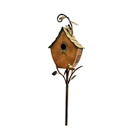 Outdoor Powder-Coated Iron Birdhouse with 3-Prong Garden Stake in Copper Finish