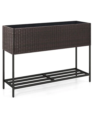 Wicker Raised Garden Bed with Storage Shelf and Drainage Gaps for Flowers