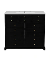 Freestanding Bathroom Vanity Set: 36" Vanity with Ceramic Sink, Soft-Close Doors and Drawers, Black