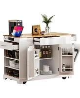 Fluted Kitchen Island with Trash Storage, Outlets, Internal Rack, and Rollers