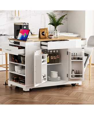 Fluted Kitchen Island with Trash Storage, Outlets, Internal Rack, and Rollers