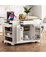 Fluted Kitchen Island with Trash Storage, Outlets, Internal Rack, and Rollers