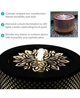 Metal Cylinder Bubbler Outdoor Water Fountain - 11.75-Inch - Features Led Lights and Repeating Diamonds Pattern
