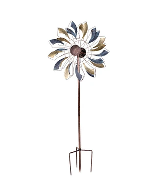 Metallic Pinwheel Metal Garden Wind Spinner - Removable Pole Sections for Adjustable Height - Dual-Motion Blades - 360-Degree Swivel