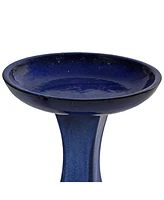 Ceramic Bird Bath for Outside - 16" H - Uv- and Frost-Resistant - Pedestal Bird Bath - Blue Glazed Bowl