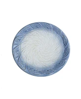 LuxenHome Blue Rim Feather-Pattern White Ribbed 20-Inch Tall Ceramic Birdbath