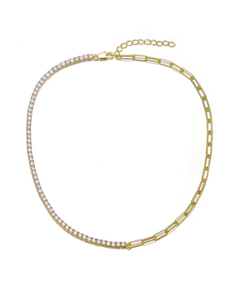 14K Gold Plated with Clear Cubic Zirconia Half Tennis Half Link Necklace