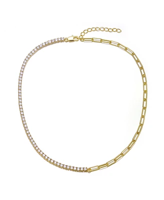 14K Gold Plated with Clear Cubic Zirconia Half Tennis Half Link Necklace