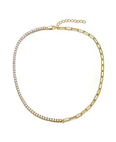 14K Gold Plated with Clear Cubic Zirconia Half Tennis Half Link Necklace