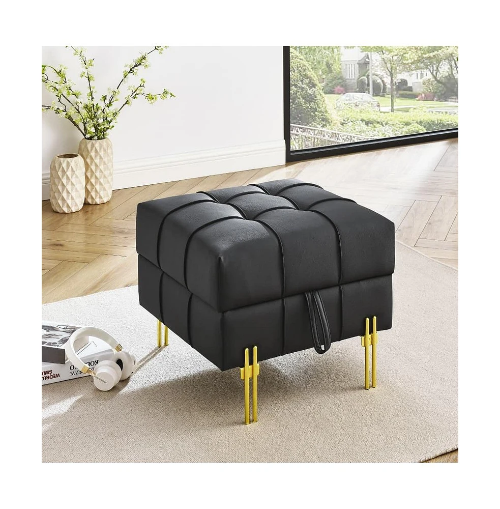 Anti-Scratch Leather Storage Ottoman Pet Friendly Upholstered Bench with Golden Stainless Steel Legs for Entryway Bedroom or Living Room-The Pop Home