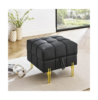 Anti-Scratch Leather Storage Ottoman Pet Friendly Upholstered Bench with Golden Stainless Steel Legs for Entryway Bedroom or Living Room-The Pop Home