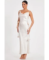 Quiz Women's Satin Cowl Neck Maxi Dress With Trailing Floral Trim