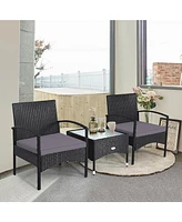Gymax 3 Pcs Patio Wicker Rattan Furniture Set Coffee Table & 2 Rattan Chair W/Cushion