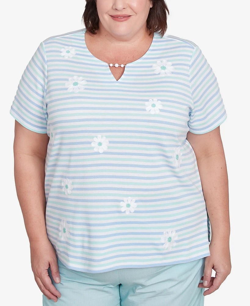 Alfred Dunner Plus St. Thomas Embroidered Daisy Striped Top