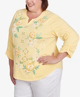 Alfred Dunner Plus Rise and Shine Sunny Floral Embroidered Split Neck Top