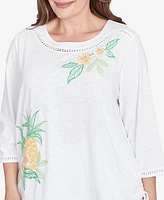 Alfred Dunner Plus Rise and Shine Embroidered Pineapple Top