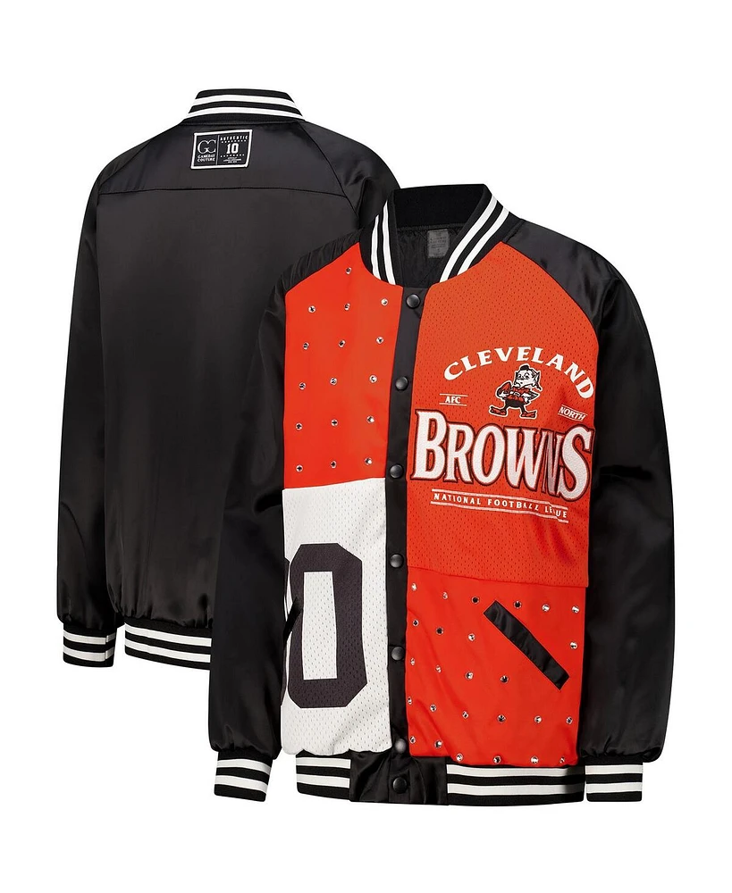 Gameday Couture Women's Black/Orange Cleveland Browns Oversized Hot Shot Rhinestone Throwback Full-Snap Varsity Bomber Jacket