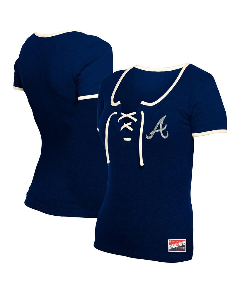 New Era Women's Navy Atlanta Braves Throwback Lace Up T-Shirt