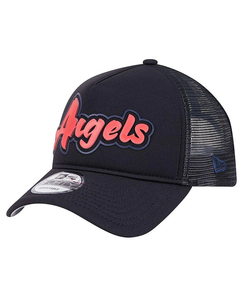 New Era Men's Black Los Angeles Angels Retro Bold A-Frame Trucker 9FORTY Adjustable Hat