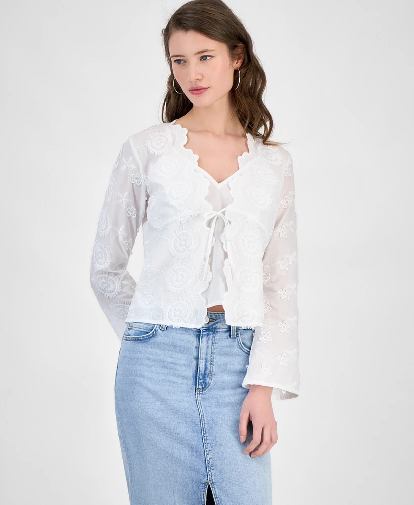 Guess Women's Long-Sleeve Embroidered Tie-Front Top