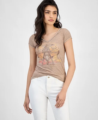 Guess Women's Burnout Moto Babe V-Neck Tee