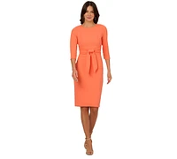 Adrianna Papell Women's Crepe Tie-Waist 3/4-Sleeve Sheath Dress