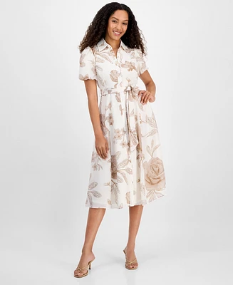 Sandra Darren Petite Printed Puff-Sleeve Shirtdress
