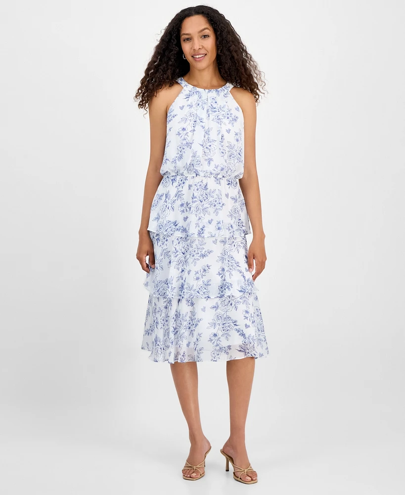 Robbie Bee Women's Tiered Floral Chiffon Fit & Flare Dress