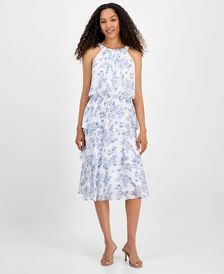 Robbie Bee Women's Tiered Floral Chiffon Fit & Flare Dress