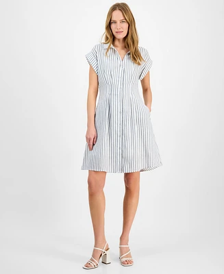 julia jordan Women's Striped Cap-Sleeve Button-Front Dress