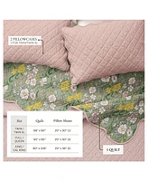 Linery & Co. Cotton Stitched Reversible Floral 3 Piece Scalloped Quilt and Sham Set