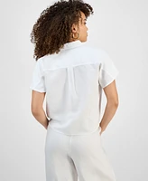 I.n.c. International Concepts Petite Linen-Blend Tie-Hem Short-Sleeve Blouse, Exclusive at Macy's