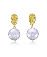 Sterling Silver 14K Gold Plated with Coin Shapped Freshwater Pearl Dangle Earrings