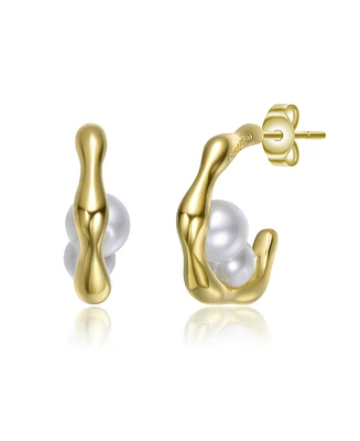 14K Gold Plated with Curved Design and Pearl Accent Modern Huggie Earrings