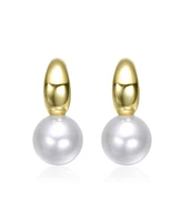 14K Gold Plated with White Pearl Huggie Design Drop Earrings